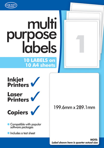 10 Sheets of Multipurpose Printer Labels, 1 Per Sheet