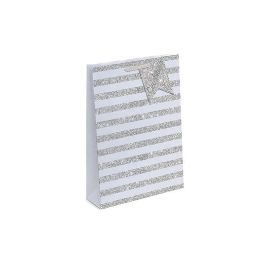 Celebrate Silver Stripe Glitter Design Medium Gift Bag