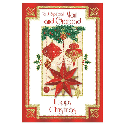 To a Special Mam and Grandad Baubles and Star Design Christmas Card