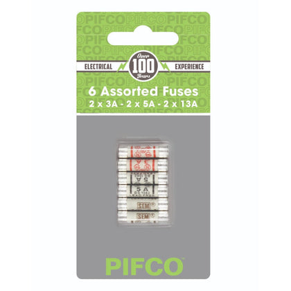 Pack of 6 Assorted Mains Fuses 3Amp 5Amp 13Amp by Pifco