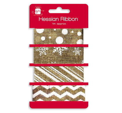 Pack of 4 Assorted 1m Christmas Hessian Ribbions