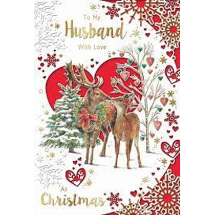 With Love to My Husband Lovely Reindeers Die Cut Heart Design Christmas Card