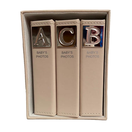Christening Baby Shower Photo Album Cream Leather Style Silver Plated ABC Set Of 3