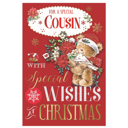 For a Special Cousin Bear Carring Flower Bouquet Design Christmas Card