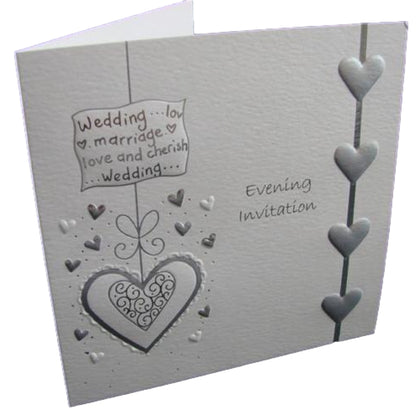 5 Luxury Silver Embossed Heart White Evening Reception Invitations And Envelopes
