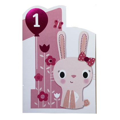 Age 1 Cute Bunny Die Cut Design Girl First Birthday Card