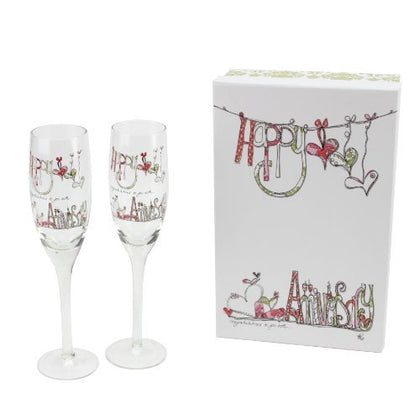 Tracey Russell Happy Anniversary Pair of Wedding Champagne Flutes Glasses