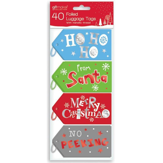 Pack of 40 Foiled Luggage Christmas Tags with Metalic Thread