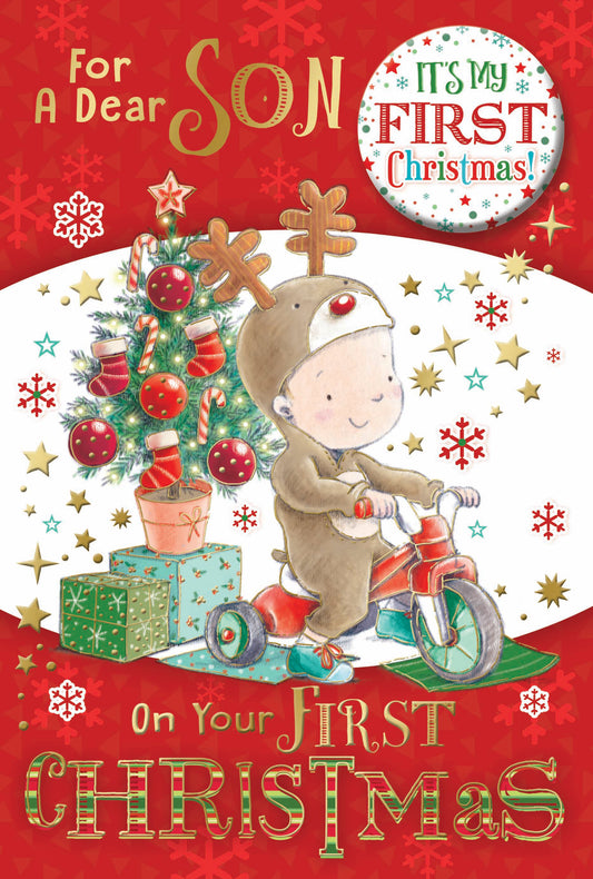 For a Dear Son First Christmas Card with Badge