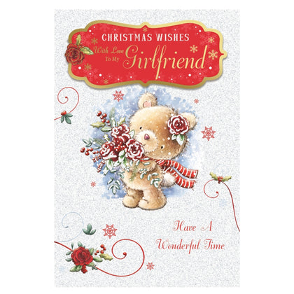 With Love To My Girlfriend Teddy With Bunch of Flowers Design Christmas Card