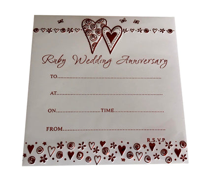 Pack of 10 Ruby Wedding Anniversary Invites with Envelopes