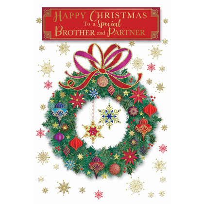 To a Special Brother and Partner Baubles Decorative Wreath Design Christmas Card