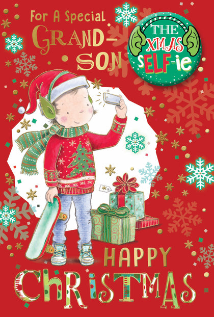 For a Special Grandson Selfie Design Christmas Card with Badge
