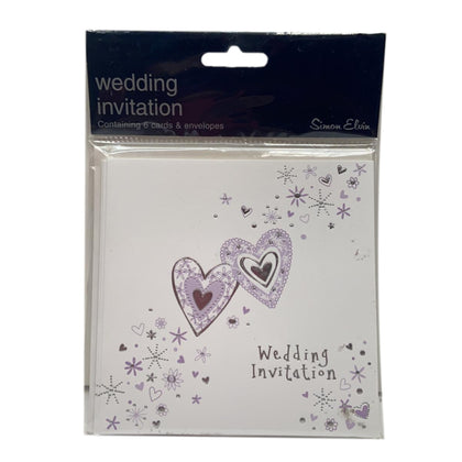 Pack of 6 Wedding Invitation Card Purple Hearts