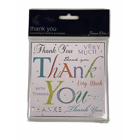 Simon Elvin 6 Open Thank You Cards & Envelopes - multi coloured text design