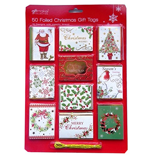 Pack of 50 Foiled Traditional Christmas Gift Tags with Gold Metallic Thread