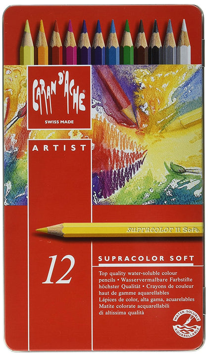Caran d'Ache 12 Supracolor Soft Aquarelle Colouring Pencils in Metal Tin