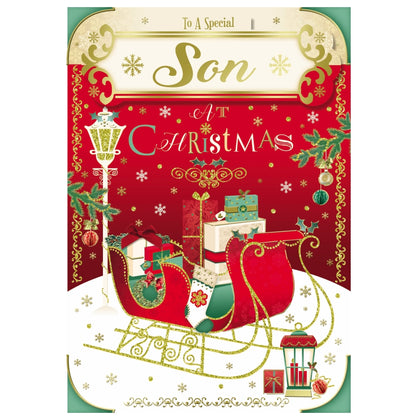 To a Special Son Sleigh With Gifts Design Glitter Finished Christmas Card