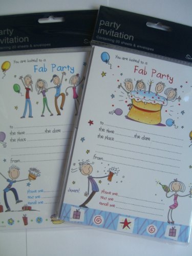 Pack of 20 Fab Party Invitation Sheets and Envelopes