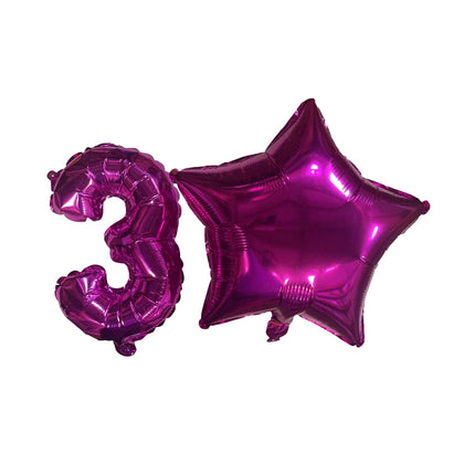 Pink Number 3 and Pink Star Foil Balloons with Ribbon and Straw for Inflating