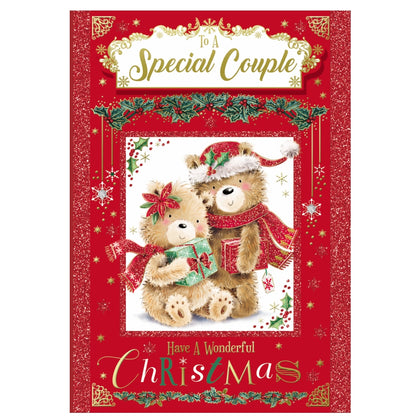 To a Special Couple Bears With Gift Beautiful Red Christmas Card