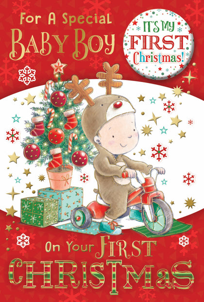 For a Special Baby Boy First Christmas Card with Badge