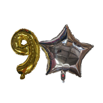 Golden Number 9 and Silver Star Foil Balloons with Ribbon and Straw for Inflating