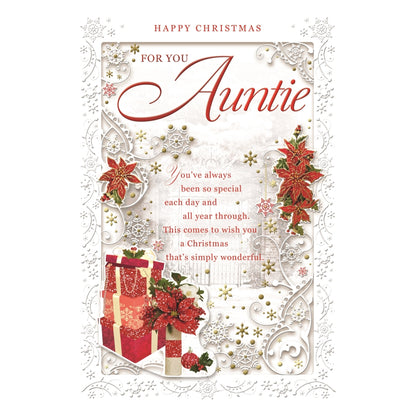 For You Auntie Poinsettias and Gifts Design Christmas Card