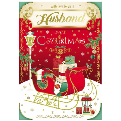 With Love To My Husband Sleigh With Gifts Design Glitter Finished Christmas Card