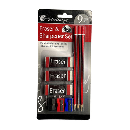 9 Piece Pencil, Eraser And Sharpener Set