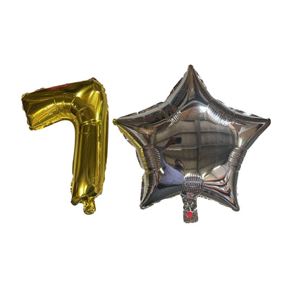 Golden Number 7 and Silver Star Foil Balloons with Ribbon and Straw for Inflating