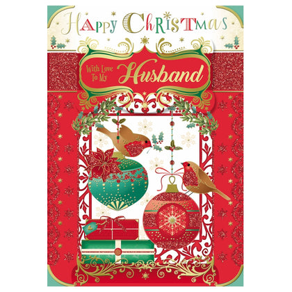 With Love To My Husband Birds On Baubles Design Christmas Card