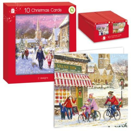 Pack of 10 Square Village Scene Design Christmas Cards