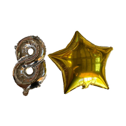 Silver Number 8 and Gold Star Foil Balloons with Ribbon and Straw for Inflating
