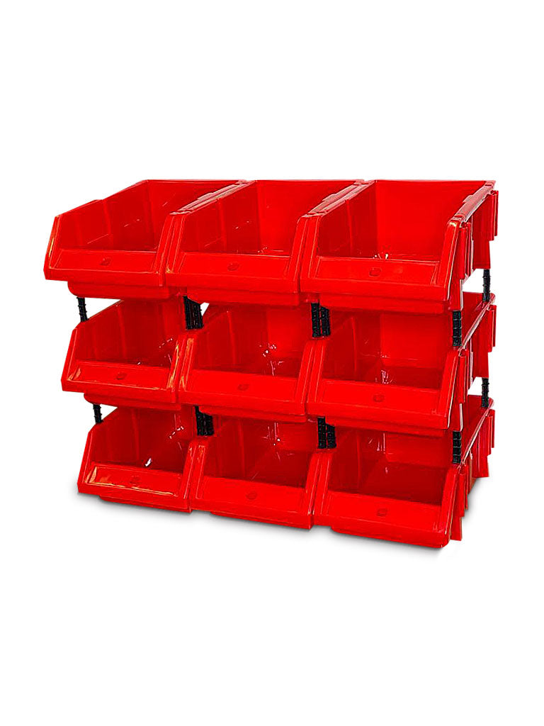 Set of 30 Stackable Red Storage Pick Bin with Riser Stands 325x210x130mm