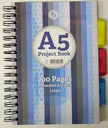 Silvine A5 project book 200 pages with 3 part dividers lined spiral book