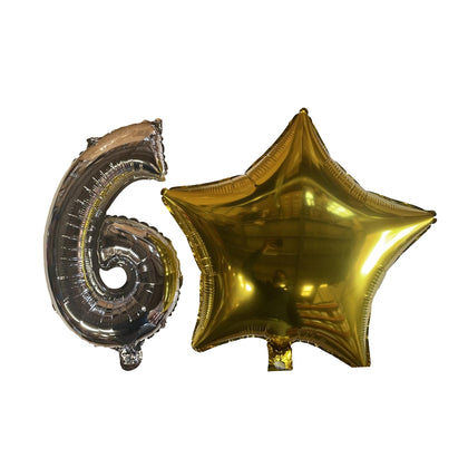 Silver Number 6 and Gold Star Foil Balloons with Ribbon and Straw for Inflating