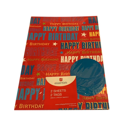 Red Text Happy Birthday Gift Wrap 2 Sheets 2 Tags