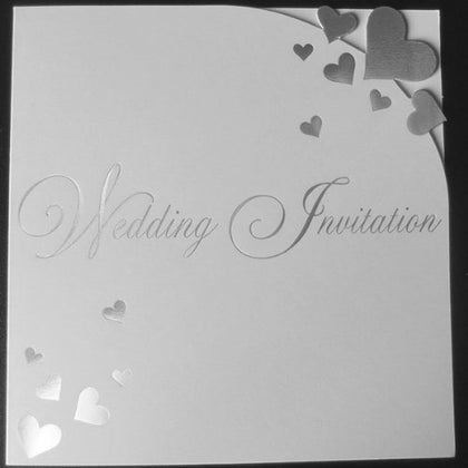 Pack of 6 White Wedding Invitations with Silver Hearts