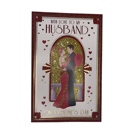 With Love To My Husband On Valentine's Day Gold And Red Glitter Card