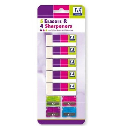 Pack of 5 Erasers and 4 Coloured Pencil Sharpeners (9 Piece Set)