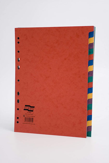 Europa A4 12 Part Strong Pressboard 300gsm Multicoloured Subject Dividers - Made in England
