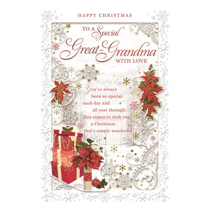 To a Special Great Grandma Poinsettias and Gifts Design Christmas Card