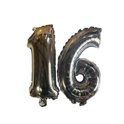 Silver Number 16 Foil Balloons With Ribbon and Straw for Inflating