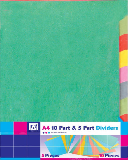 A4 10 Part and 5 Part Coloured Subject Dividers