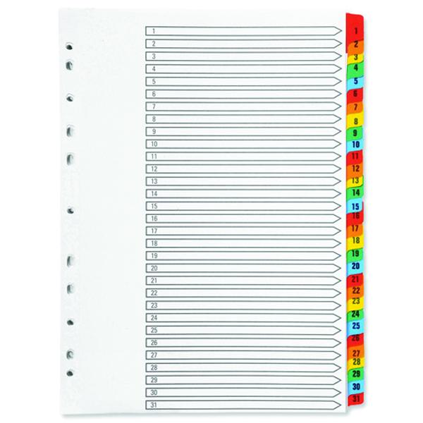 1-31 A4 White Multi-punched Reinforced Board Multi-Colour Numbered Index Tabs 