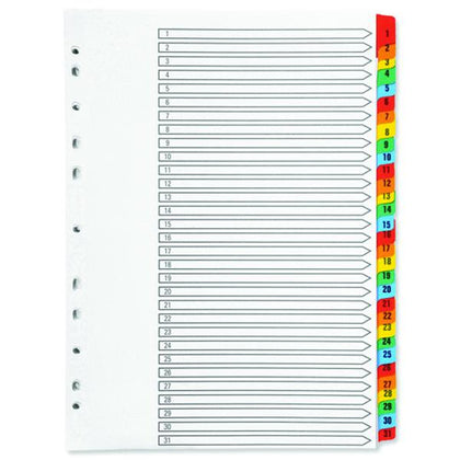 1-31 A4 White Multi-punched Reinforced Board Multi-Colour Numbered Index Tabs 