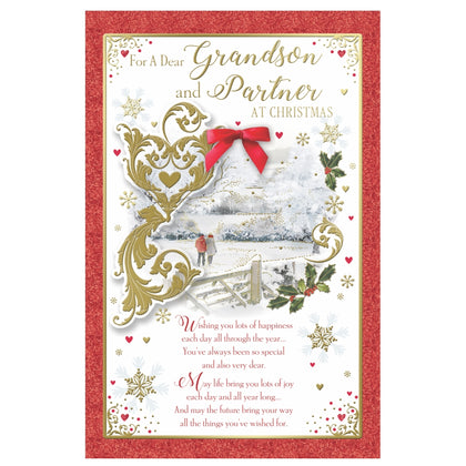 For a Dear Grandson and Partner Couple Walking in Winter Wonderland Design Christmas Card