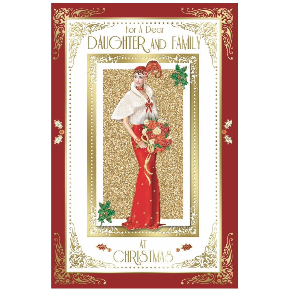 For Daughter and Family Elegant Woman Holding Flowers Design Christmas Card