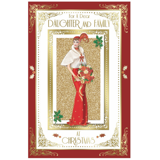 For Daughter and Family Elegant Woman Holding Flowers Design Christmas Card